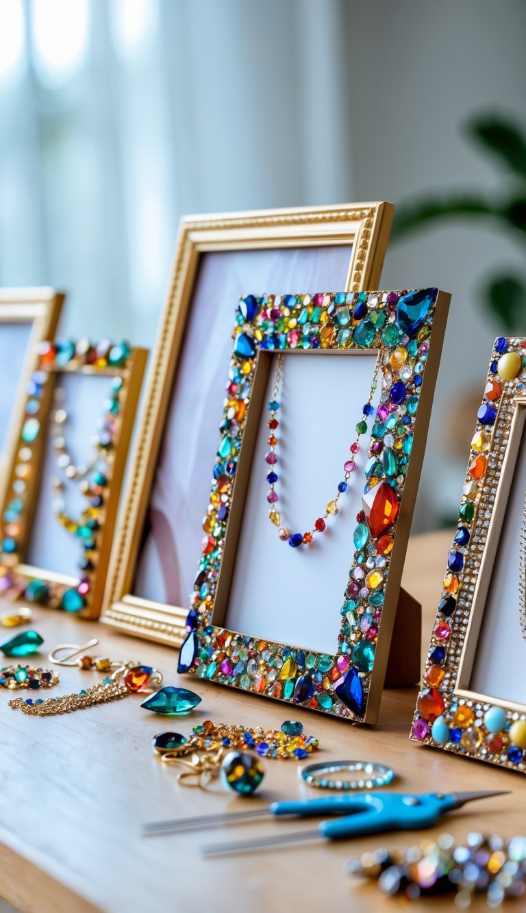 Several picture frames decorated with broken jewelry pieces arranged on a wooden table with crafting tools nearby.